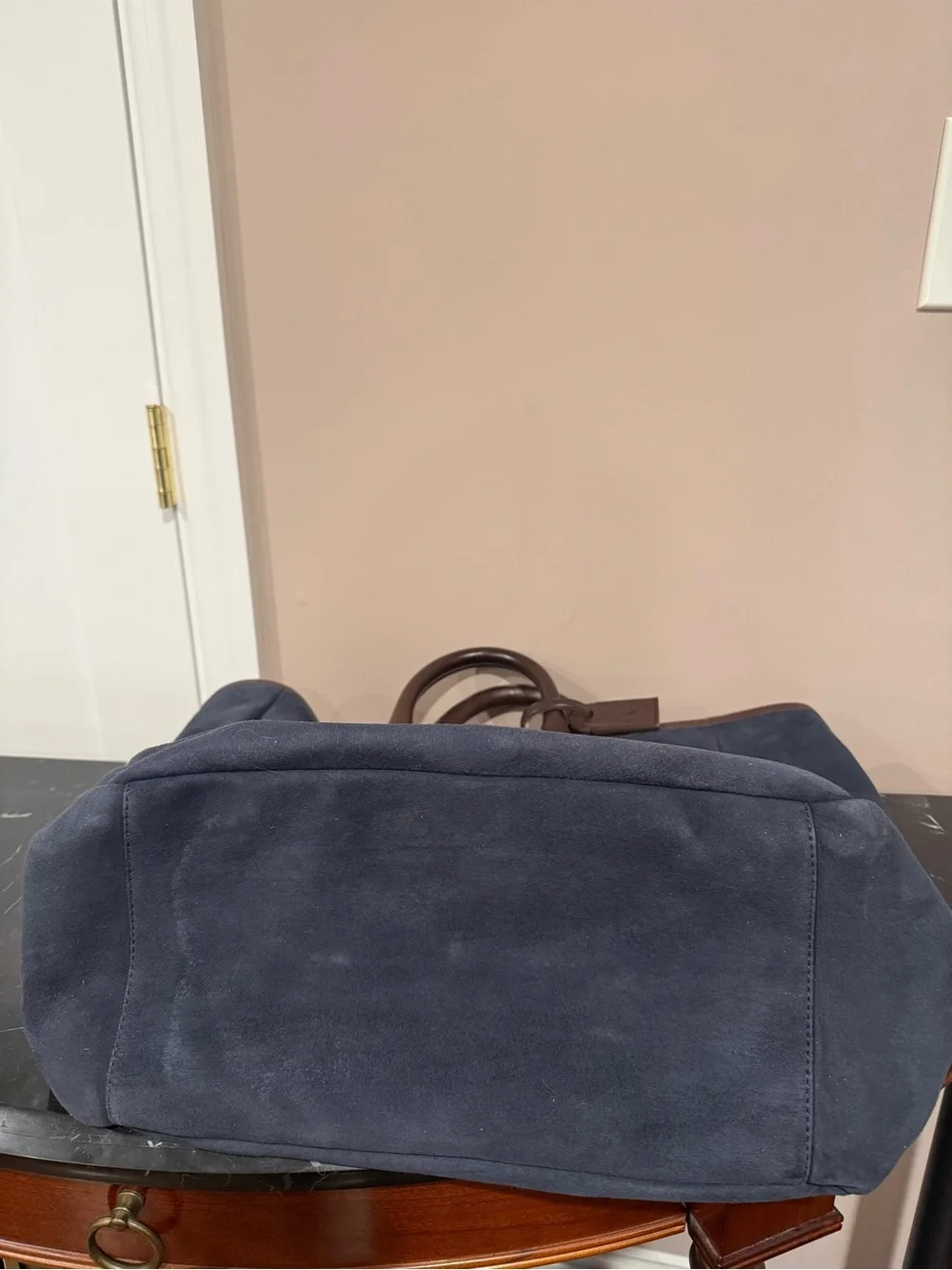 Navy Suede Tote Bag with Brown Leather Trim